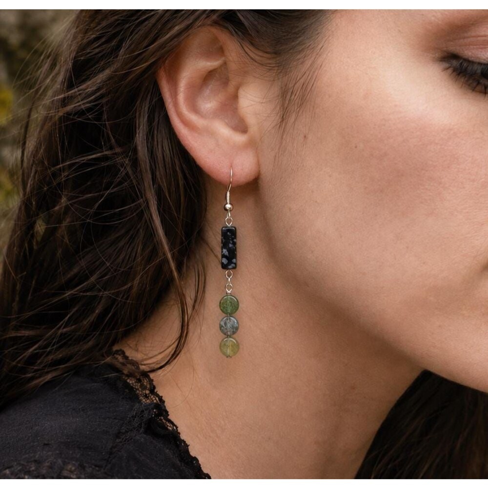 Snowflake Obsidian Bar Dangle Earrings with Green Earth Jasper Beads